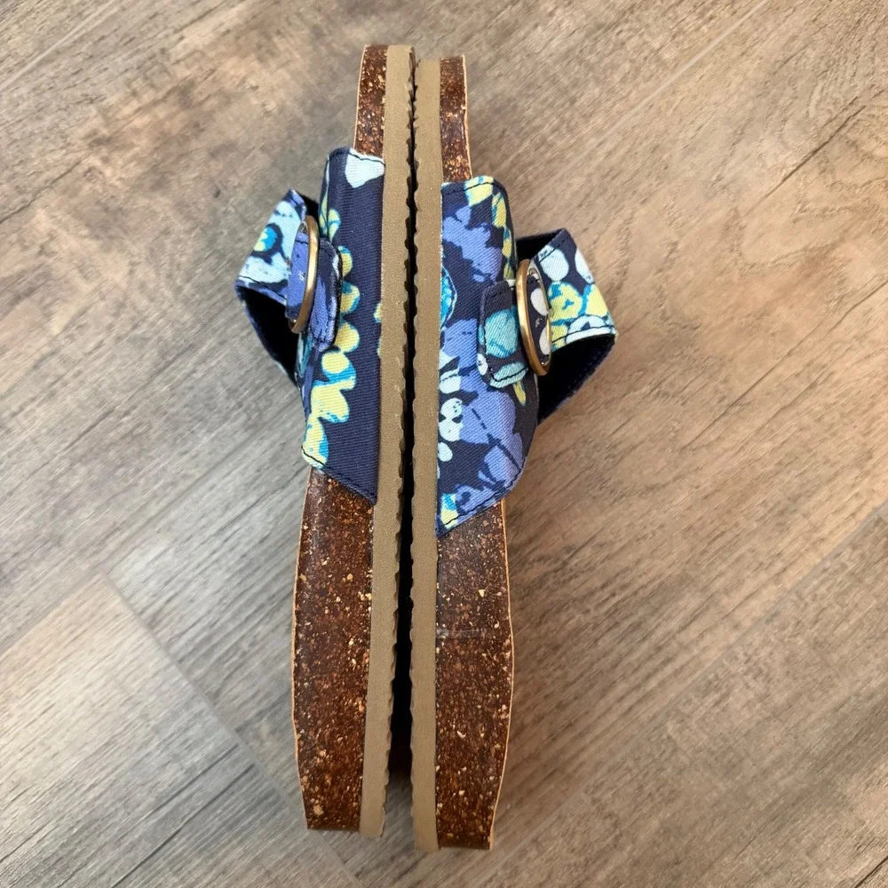 NEW Aerie Womens 10 Floral Buckle Slide Sandals Blue Yellow Cork Beach Coastal